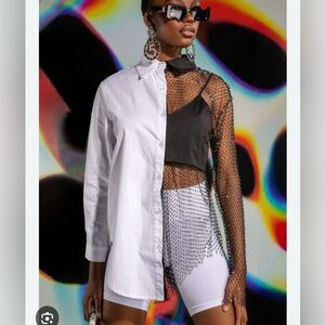 Akira Black and White netting rhinestone Asymmetrical Shirt